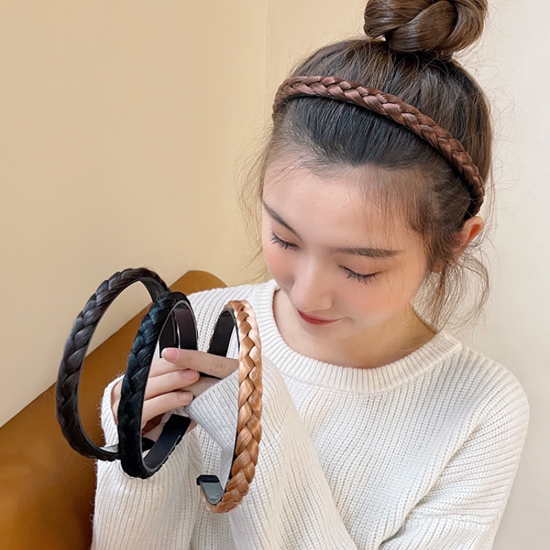 Băng Đô Tóc Giả Dạng Bện Màu Đen Có Răng Chống Trượt Cho Nữ
