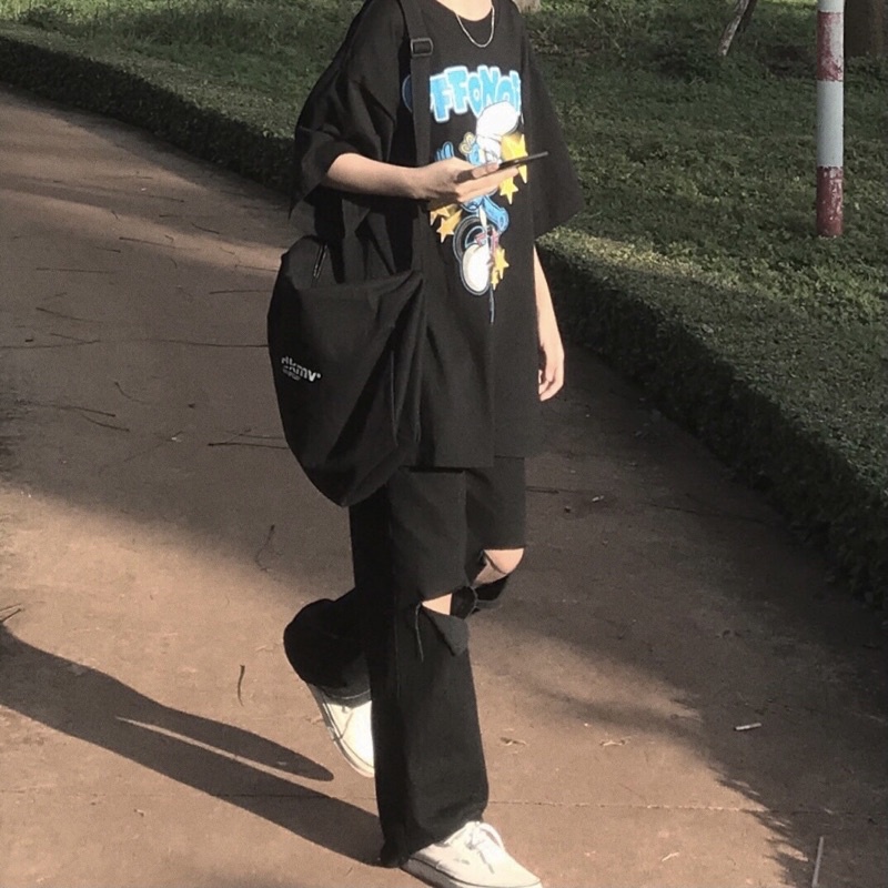 QUẦN JEAN ĐEN RÁCH GỐI CÁ TÍNH KÈM ẢNH THẬT