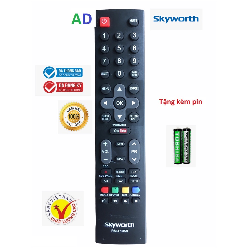 điều Khiển TiVi Skyworth RM-L1359 - tặng kèm pin  - Remote Skyworth RM-L1359  smart internet youtube nút ở giữa RM L1379