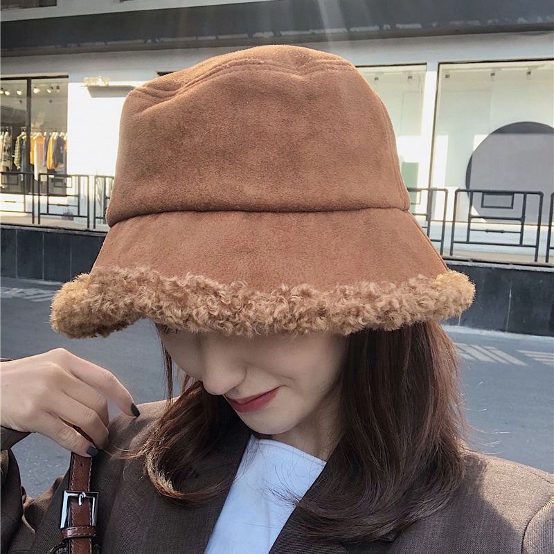 Mũ bucket lông cừu màu trơn dày dặn giữ ấm mùa đông cho nữ