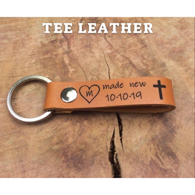 Móc khoá da thật khắc tên theo yêu cầu, màu vàng bò TEE LEATHER