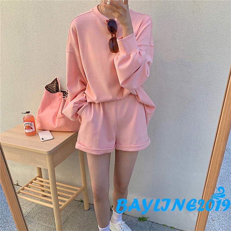 Set áo thun tay dài cổ tròn dáng rộng màu sắc đơn giản dành cho nữ