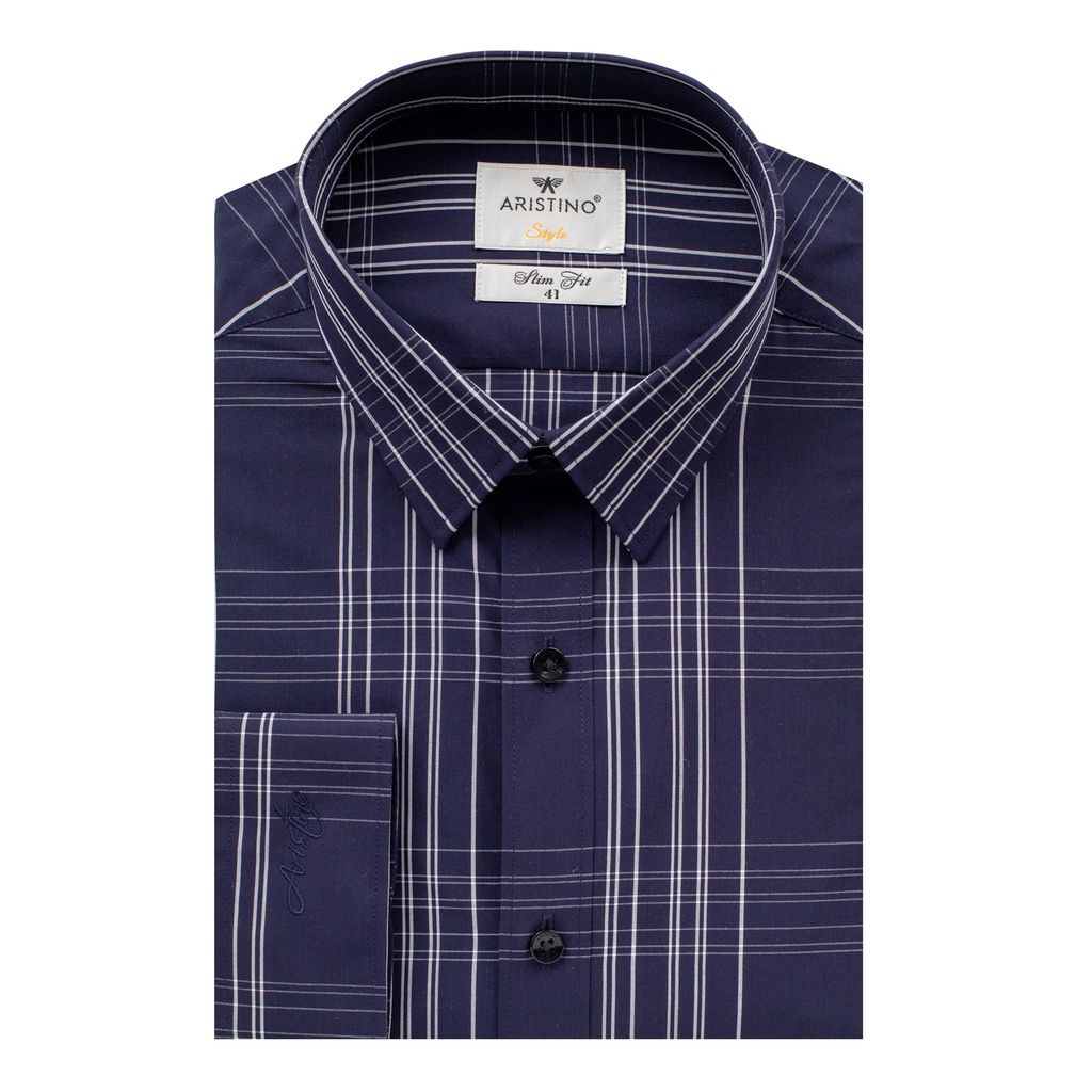 Áo Sơ Mi Nam Tay Dài Aristino ALS20509 Màu Tím Than Caro Trắng Kiểu Dáng Slim Fit Chất Liệu Sợi Sồi