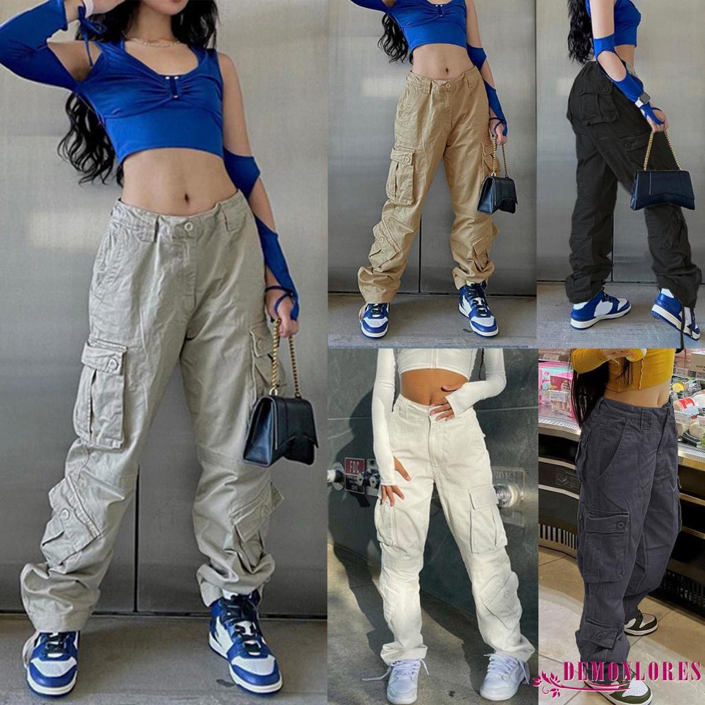 Quần Denim Dài Phối Túi Màu Trơn Phong Cách Đường Phố Cá Tính Cho Nữ