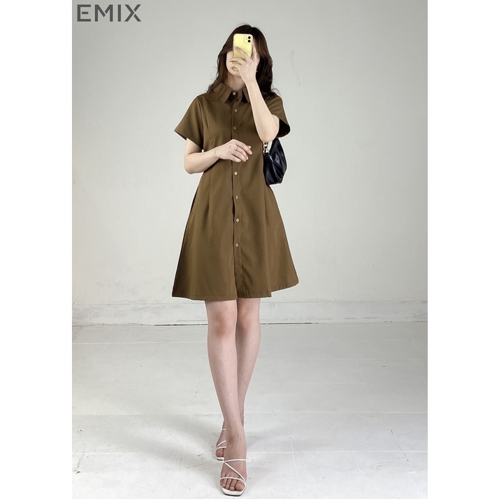 Váy sơ mi cổ đúc cúc cài chun sau EMIX (3 màu), đầm chữ A, dáng dài qua gối, cổ sơ mi, có túi hông, chất thô hàn 6789