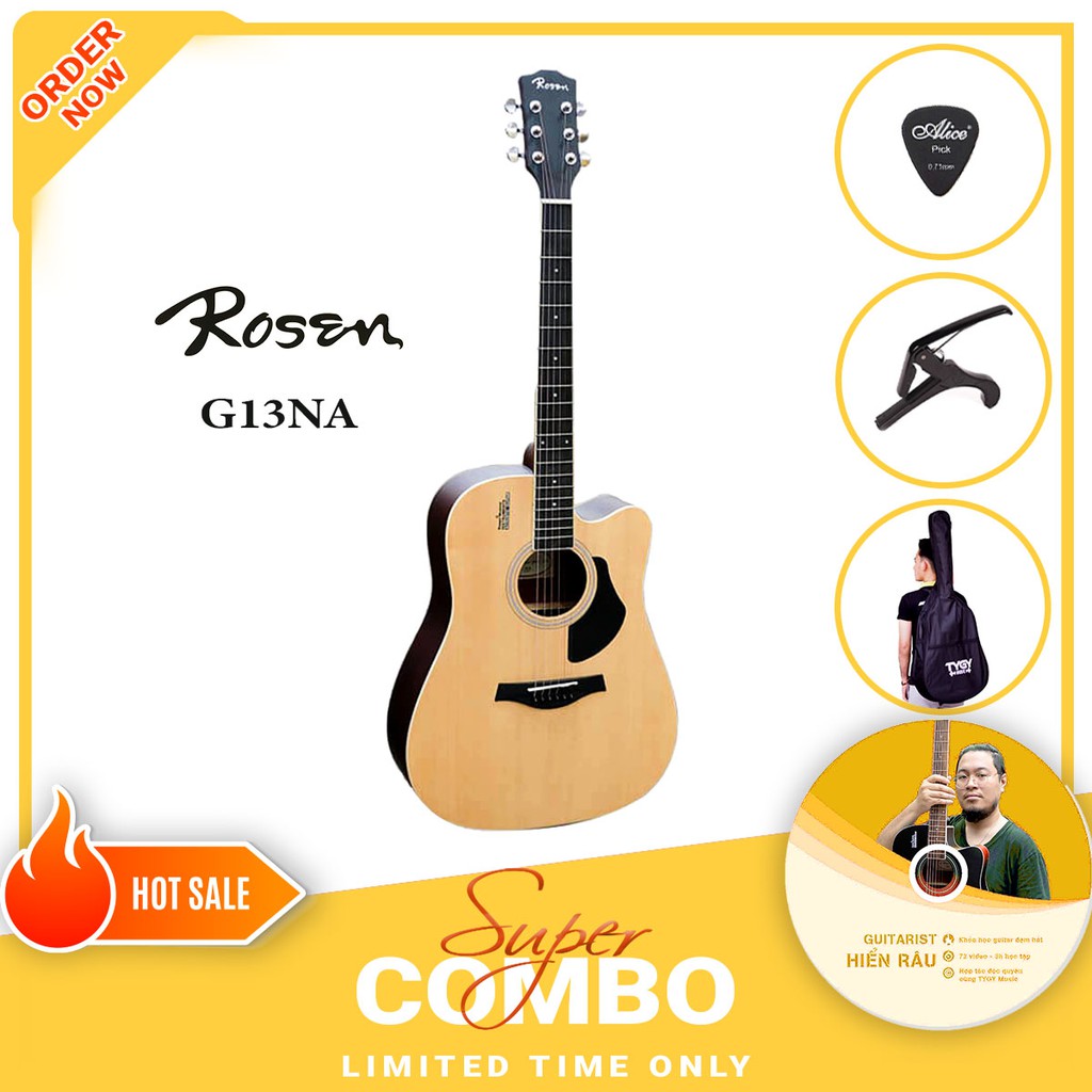 Đàn Guitar Acoustic Rosen G13 - Đàn gỗ thịt, nhiều màu lựa chọn, tặng Full phụ kiện và khóa học guitar trị giá 699k