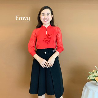 Áo sơ mi nữ Thiết kế lụa trượt cổ trụ phối tơ hoa EMVY-A34