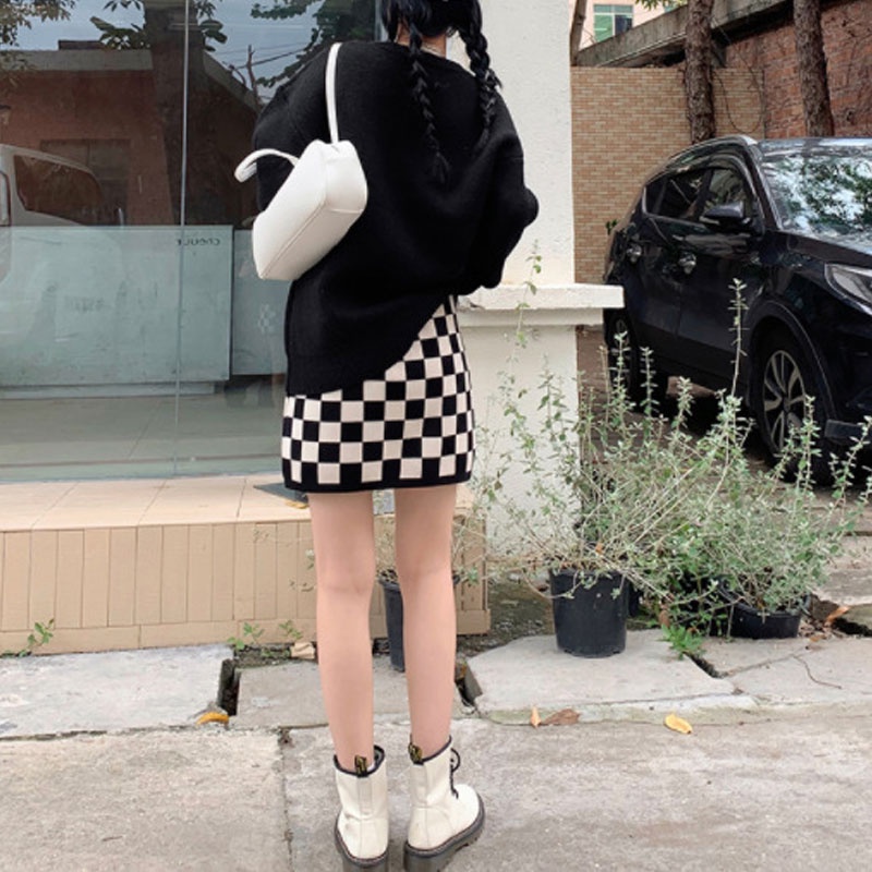 Chân Váy Chữ A Lưng Cao Họa Tiết Sọc Caro Thời Trang Hàn Quốc