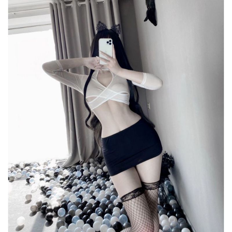 cosplay thư kí thư ký dài tay khoét ngực thun co dãn sexy gợi cảm