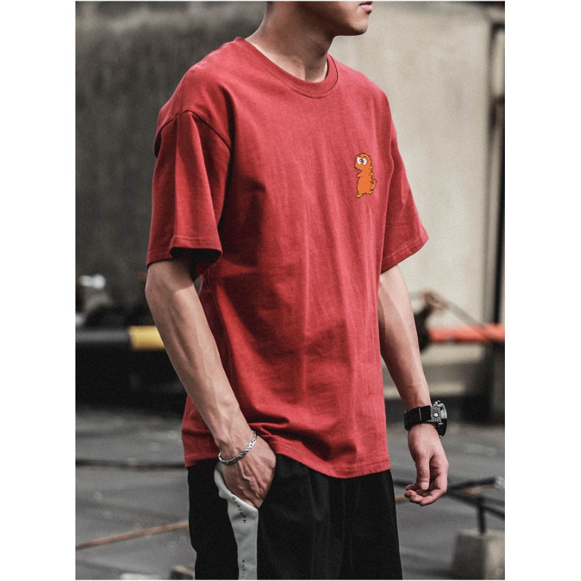 Áo thun cotton 100% oversize tay lỡ màu Đỏ Đô Unisex nam nữ Khung long Siêu cute - áo phông basic streetwear