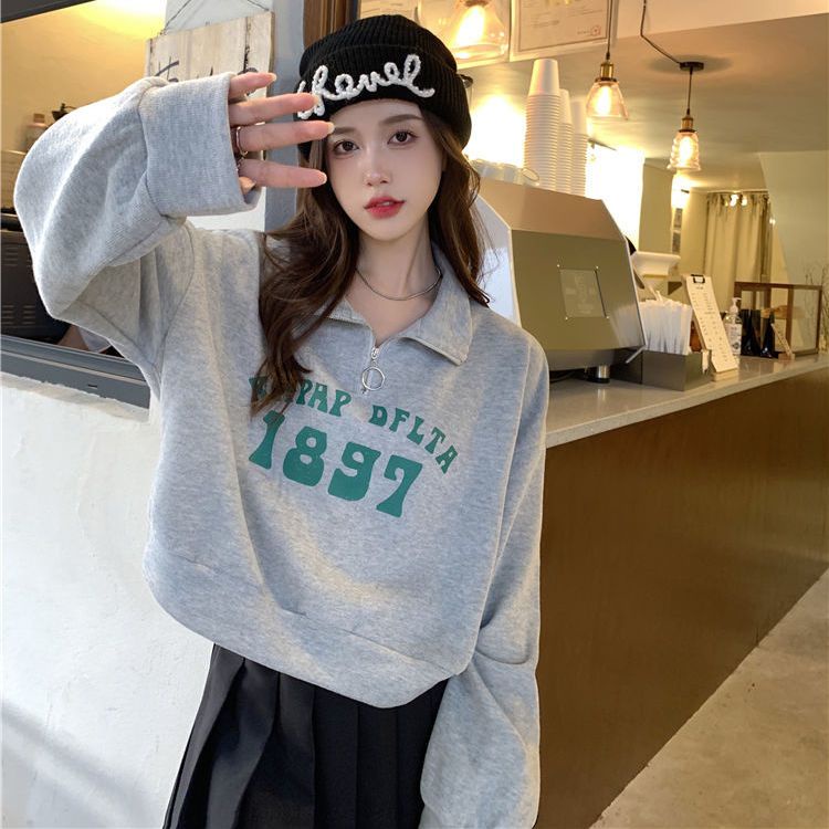 Áo Sweater Tay Dài Cổ Polo Dáng Rộng Có Khóa Kéo Thời Trang Mùa Đông 2022 Cho Nữ