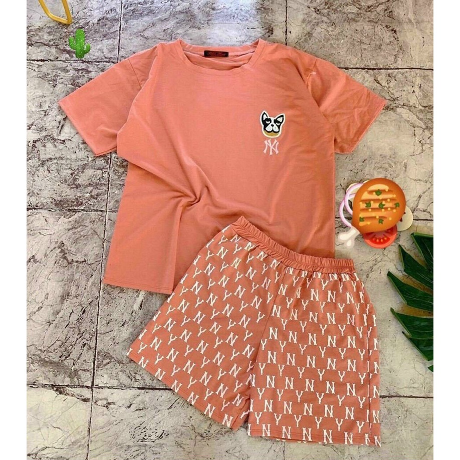 Sét bộ áo thun form rộng thêu logo chữ hiệu phối quần đùi chữ cực xinh , chất thun coton mềm mịn
