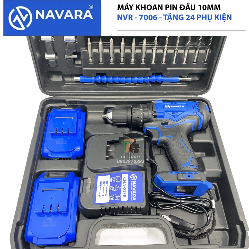 May khoan pin, Máy khoan pin Navara 7006, Kèm bộ phụ kiện 24 chi tiết, Pin 21v 5 cell