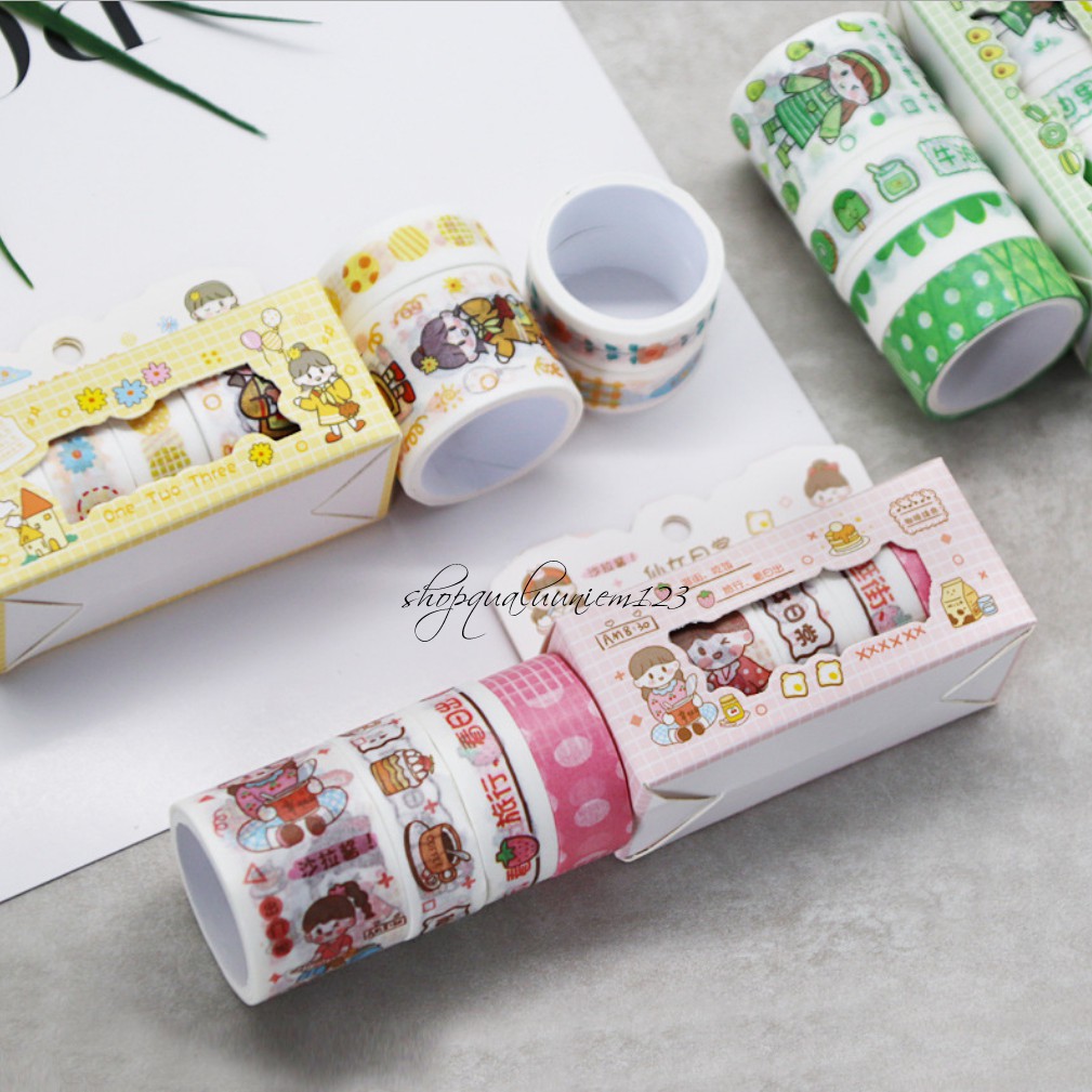Combo Washi tape hộp 4 cuộn hình siêu đáng yêu hỗ trợ trang trí DIY - Họa tiết hoạt hình