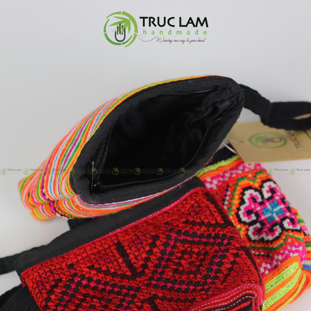 Ví Xu Mini Cầm Tay Móc Chìa Khóa Vải Thổ Cẩm Thêu Tay Trúc Lâm Handmade