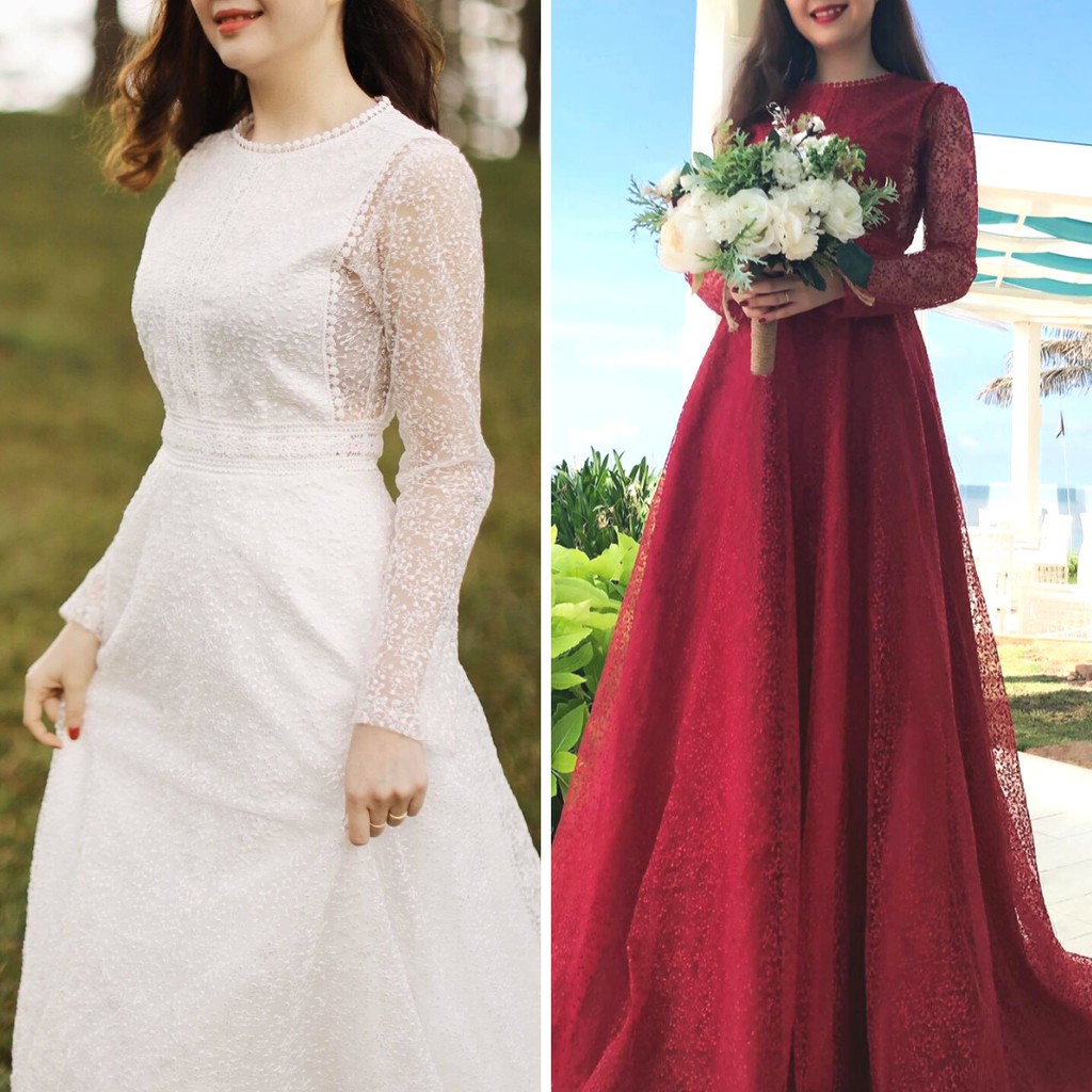 BỐNG MAXISHOP - DC950 - Váy Cưới Hoa Tuyết Trắng/Đỏ