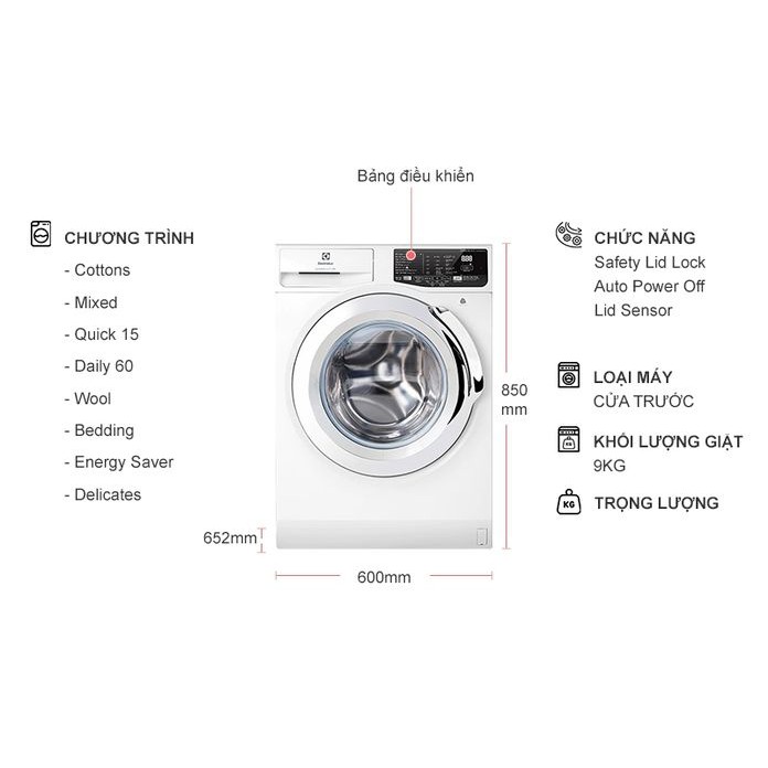 Máy giặt Electrolux Inverter 9 kg EWF9025BQWA