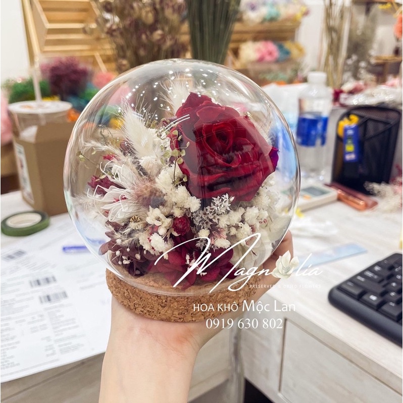 Quả cầu thuỷ tinh hoa hồng vĩnh cửu tông đỏ nâu, quà tặng giáng sinh đẹp lạ