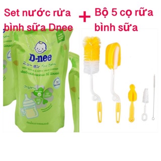 Set 1 Nước rửa bình sữa Dnee cho bé + bộ 5 cọ rữa bình sữa siêu sạch cho bé
