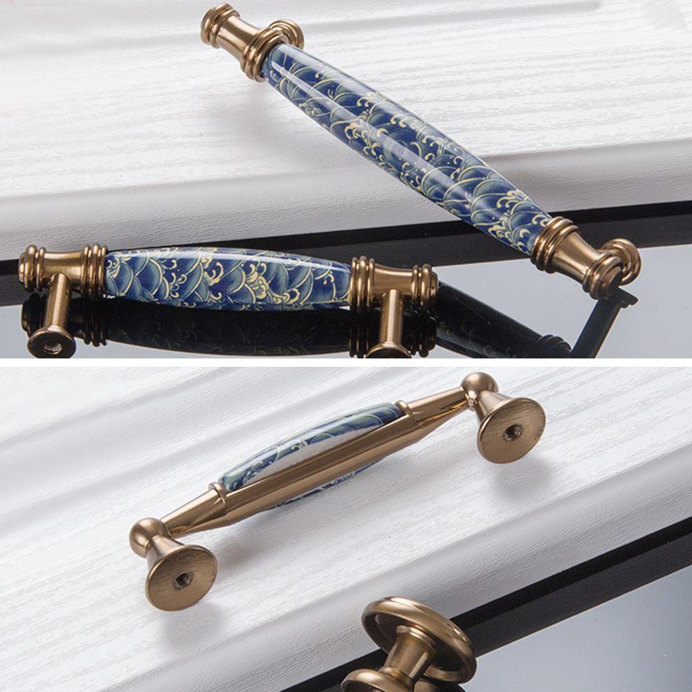 Tay Nắm Cửa Bằng Gốm Sứ Họa Tiết Lá Cây Màu Xanh Dương