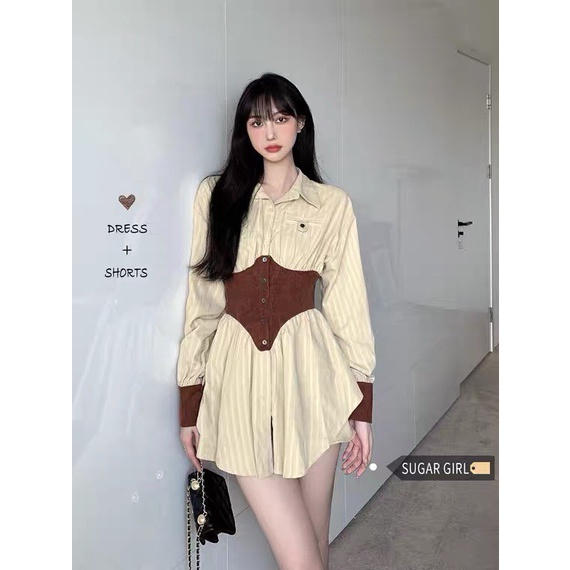 Set bộ áo sơmi kẻ quần váy ôm eo phong cách retro hiện đại cá tính