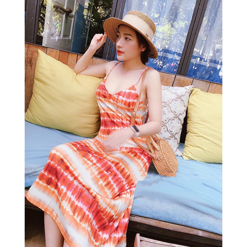 thanh lý Đầm hai dây dài họa tiết sọc rằn ri cam