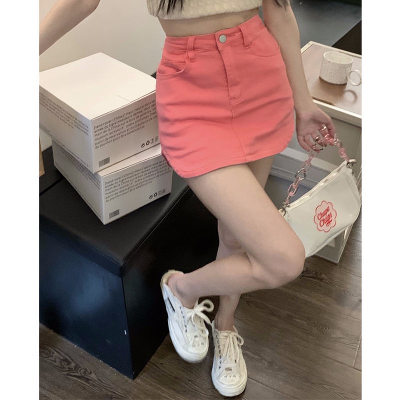 Jiashucheng Chân Váy Denim Hồng Lưng Cao Dáng Chữ a Thời Trang Mùa Hè Cho Nữ