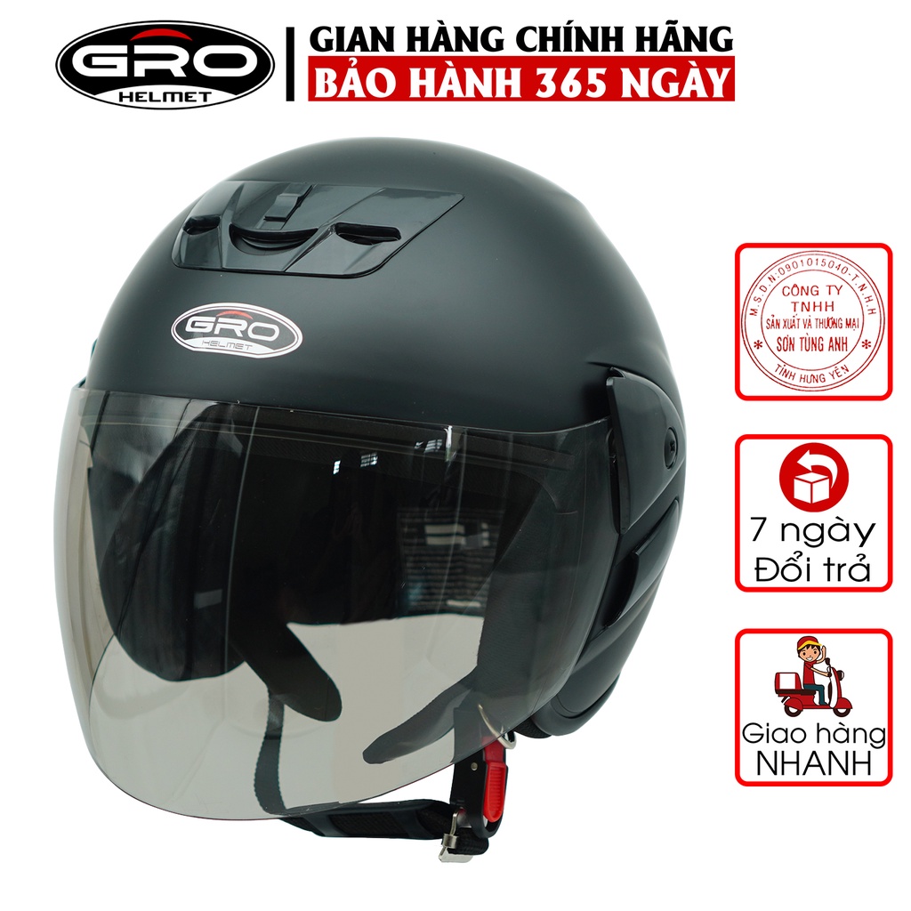 Mũ Bảo Hiểm 3/4 đầu GRO Helmet V2 có kính dài, kiểu dáng trẻ trung cho nam và nữ, khóa kim loại chắc chắn - Đen Nhám