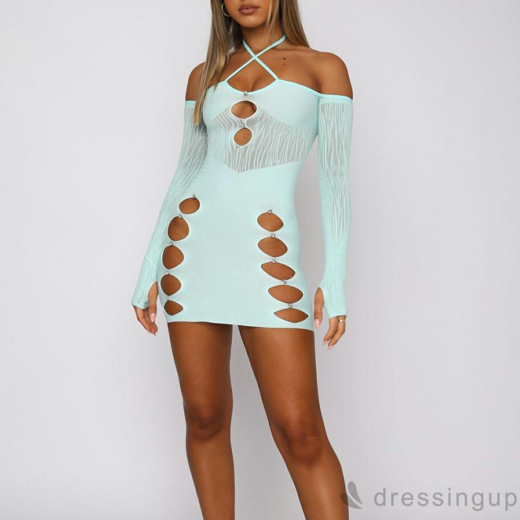 Đầm ôm dáng tay dài có dây đeo cổ phong cách đường phố thời trang xuân thu cho nữ