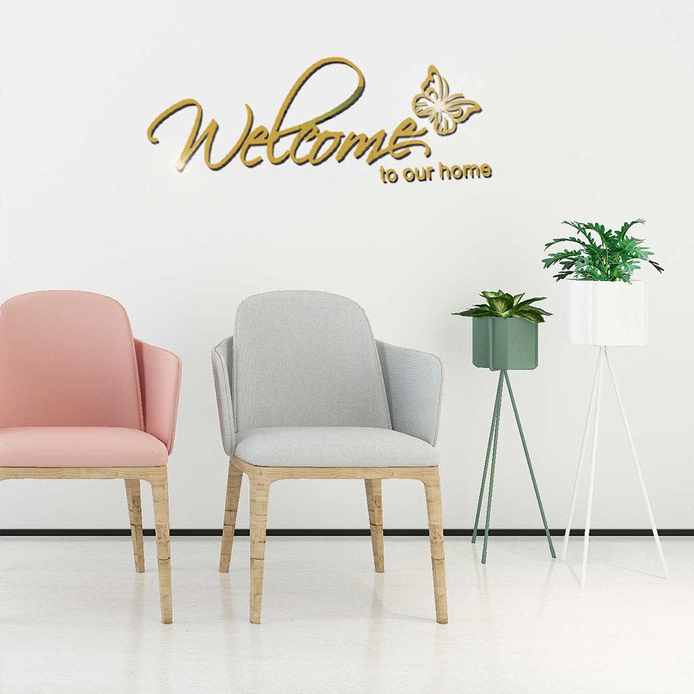 Miếng dán tường KUNHEV bằng acrylic tráng gương họa tiết chữ Welcome To Our Home 3D trang trí nội thất