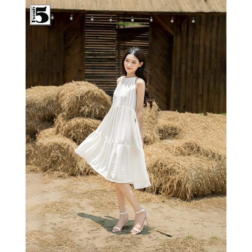 Đầm cổ yếm rút dây thắt nơ dáng xòe midi 3 tầng đũi xốp Twentyfive SD91