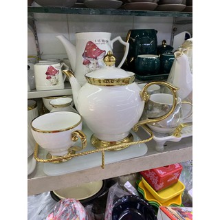 Bộ ấm chén sứ trắng khay viền vàng