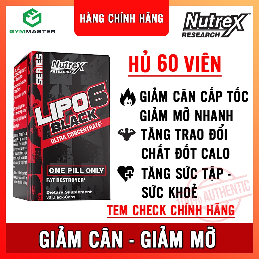 Viên giảm mỡ cấp tốc , giảm cân mạnh mẽ Lipo 6 Black Nutrex 60 viên - Hàng phân phối chính hãng 100%