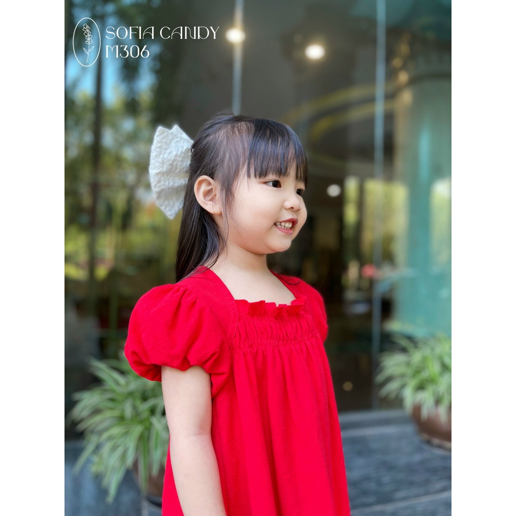 Váy Linen Đũi Babydoll Màu Đỏ Tay Bồng 2 Lớp, Cổ Smock Nút Lưng Đẹp Tuyệt