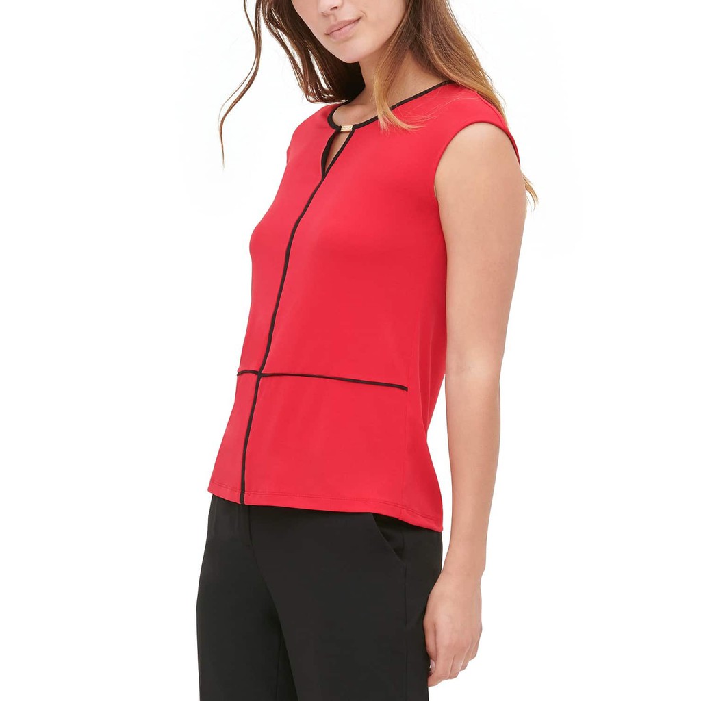 (SIZE 4US) ÁO THUN NỮ CALVIN KLEIN CHÍNH HÃNG - HARDWARE-KEYHOLE SLEEVELESS TOP (ĐỎ VIỀN ĐEN)