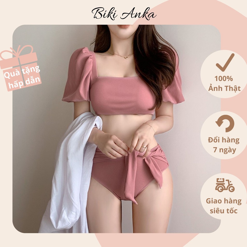 Bikini Bộ Đồ Bơi Nữ 2 Mảnh Tay Bồng Hồng UZZLANG HÀN QUỐC