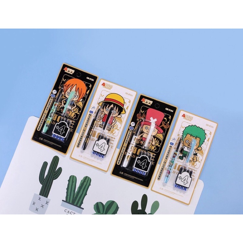 Set bút máy + 4 ống mực xanh tiện dụng hoạ tiết đễ thương Bistore