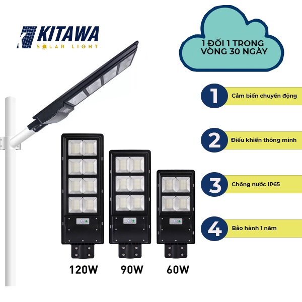 (Quà 20K) Đèn Năng Lượng Mặt Trời Liền Thể KITAWA 60W, 90W, 120W; Chống Nước IP65; Bảo Hành 1 Năm