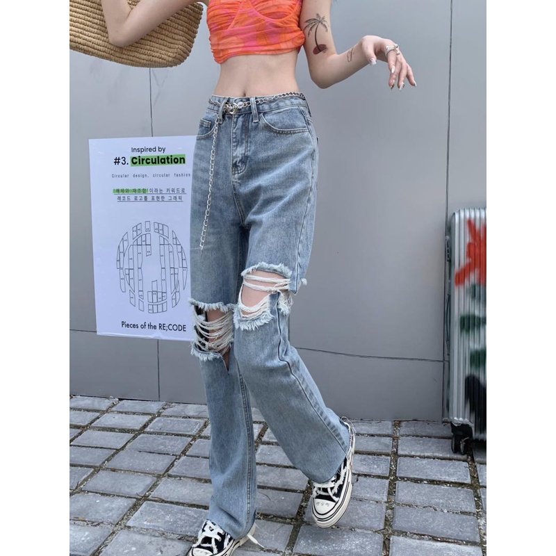 Jiashucheng Quần Jean Dài Rách Gối Phong Cách Retro Cá Tính Dành Cho Nữ