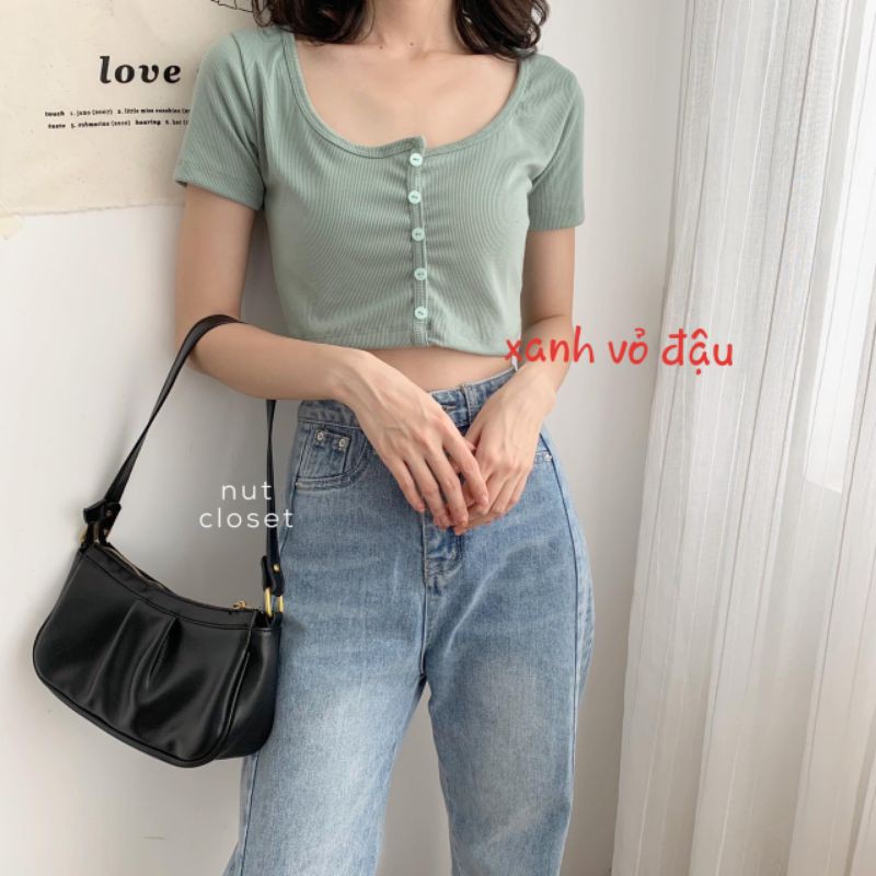 [ có video hình thật ]Áo Croptop Ôm Body ̀̀̀̀̀5 Nút Tay Ngắn | BigBuy360 - bigbuy360.vn