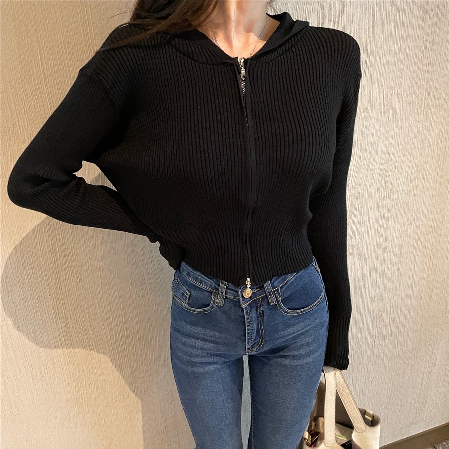 SUXI Áo dệt kim tay dài dáng rộng có nón phối khóa kéo thời trang mùa thu hàng mới cho nữ