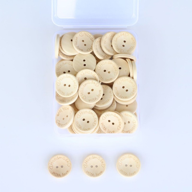 zong  65Pcs 1inch Wooden Button, 25mm 2 Holes"Handmade with Love" Round Wood Buttons with Storage Box for Sewing and Crafting