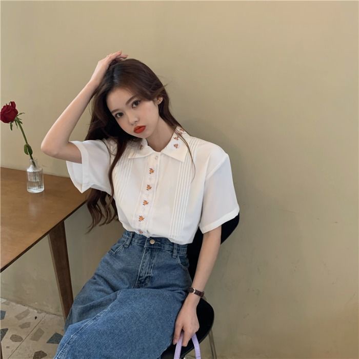 Áo Sơ Mi Tay Ngắn Thêu Hoa Thời Trang Mùa Hè Phong Cách Hàn Quốc Cho Nữ