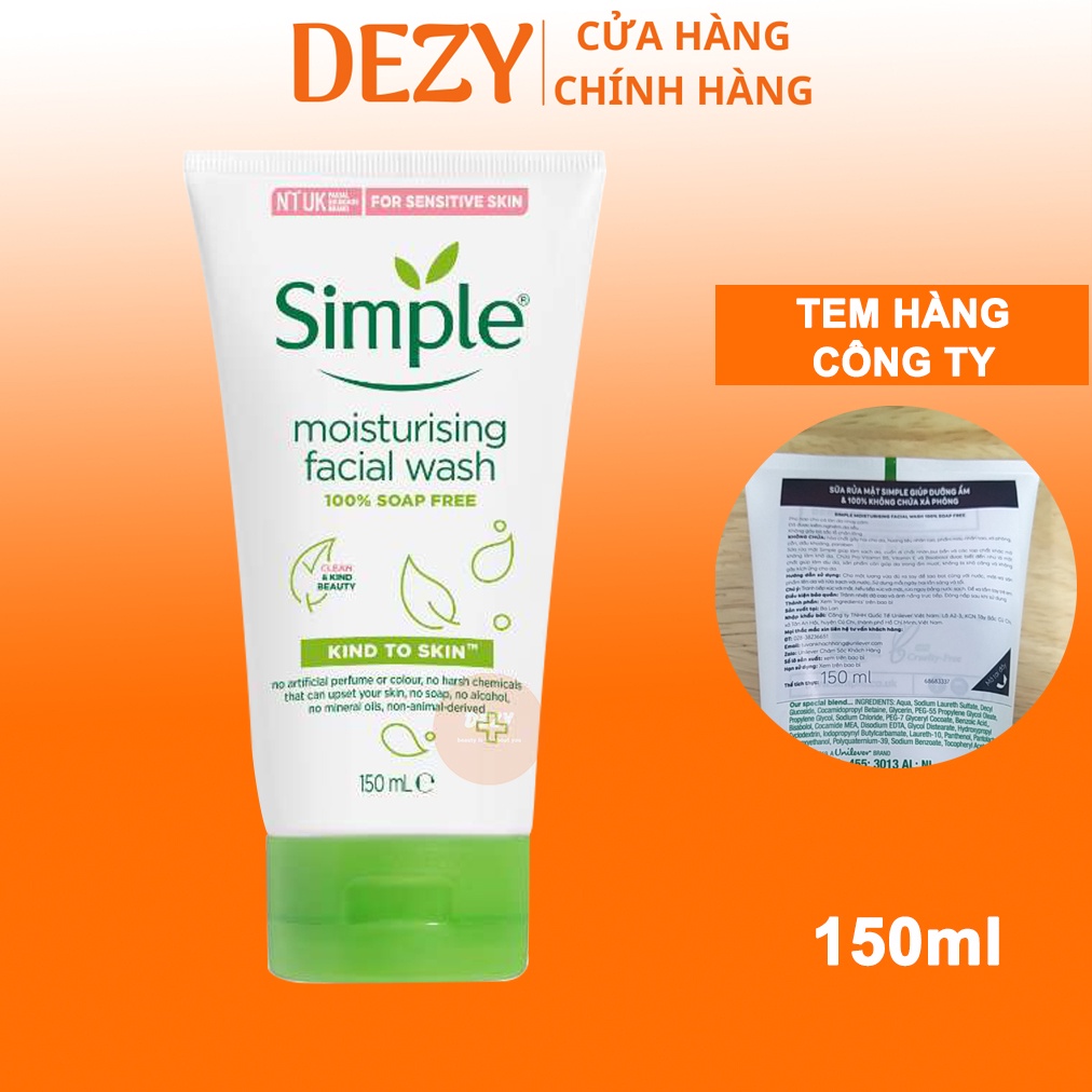 Sữa Rửa Mặt Simple Cho Da Khô 150ml Từ Unilever - Srm Dưỡng Ẩm Màu Trắng Cho Da Nhạy Cảm Vitamin E B5 Skincare Dezy