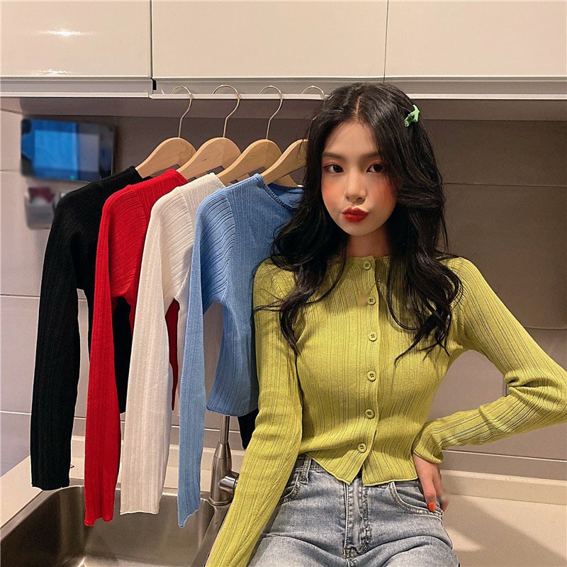 Áo Cardigan Dệt Kim Tay Dài Thiết Kế Màu Trơn Thanh Lịch