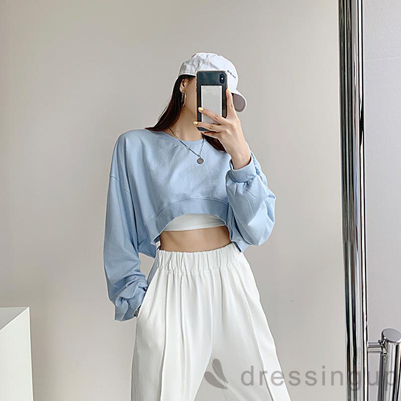 DRE-Women’s Casual Long Sleeve Fashion Solid Color Round Neck Exposed Navel T-shirt