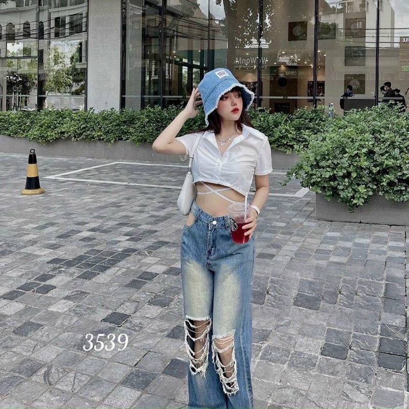 (Chuyên sỉ ) Quần jean ống rộng nữ lưng cao rách nhiều khoét eo nhấn lai dưới thời trang H.N.M STORE