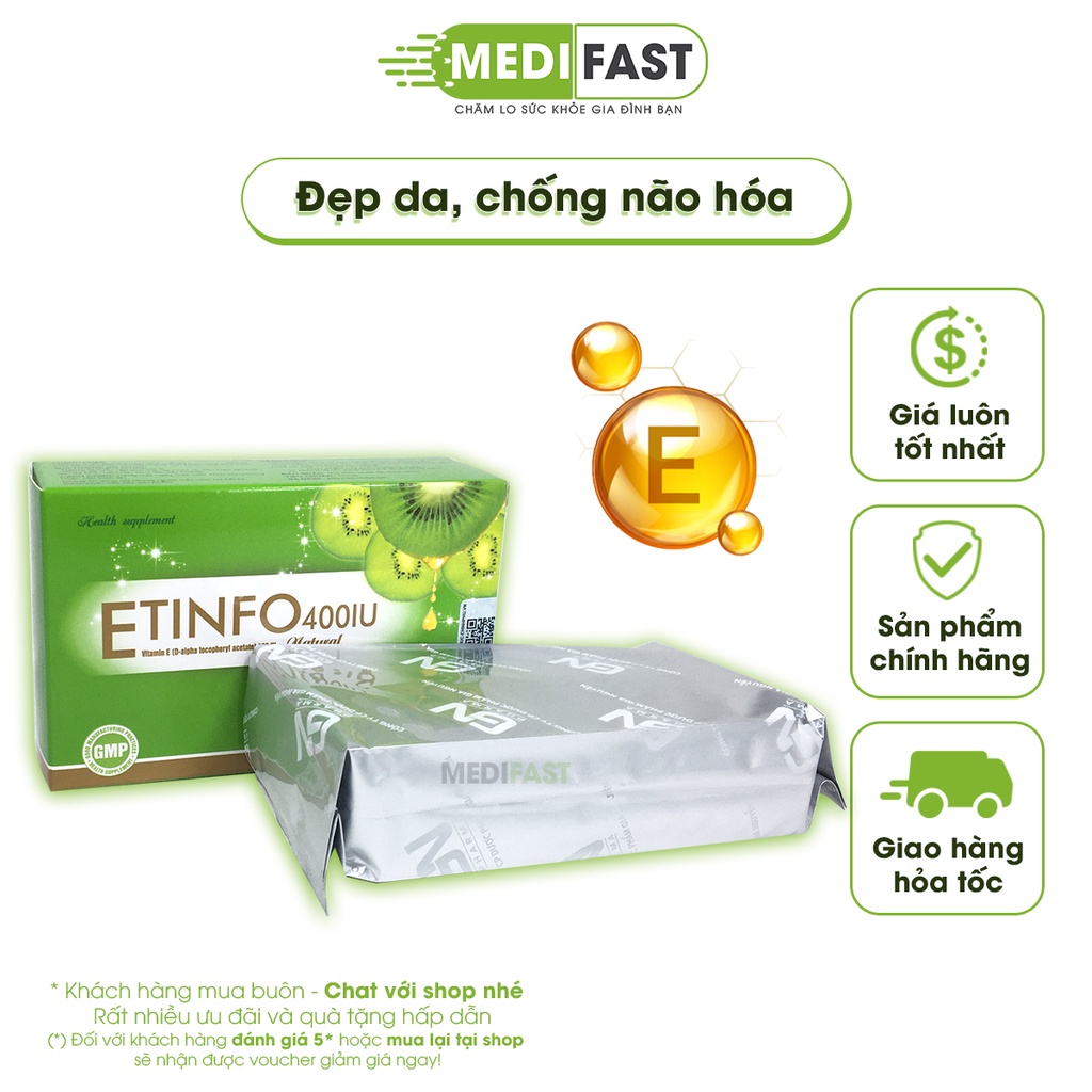 Bổ sung vitamin E 400IU - giúp làm đẹp da, ngăn ngừa lão hóa da - Etinfo - Hộp 30 viên