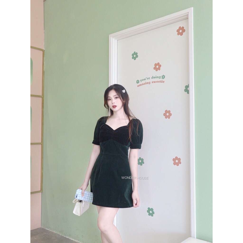 Đầm thiết kế WONDERHOUSE cổ vuông nhún ngực dự tiệc, dạo phố chất liệu nhung cao cấp sang chảnh - Spring dress