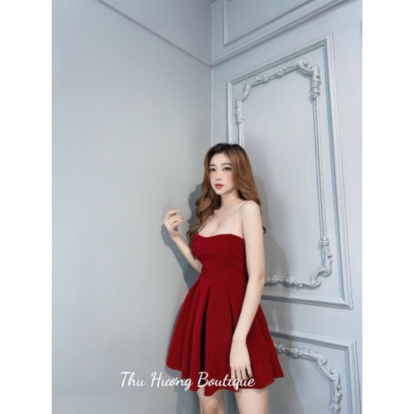 Váy Nhung xoè  cúp tim phối nơ trắng dây Ngọc